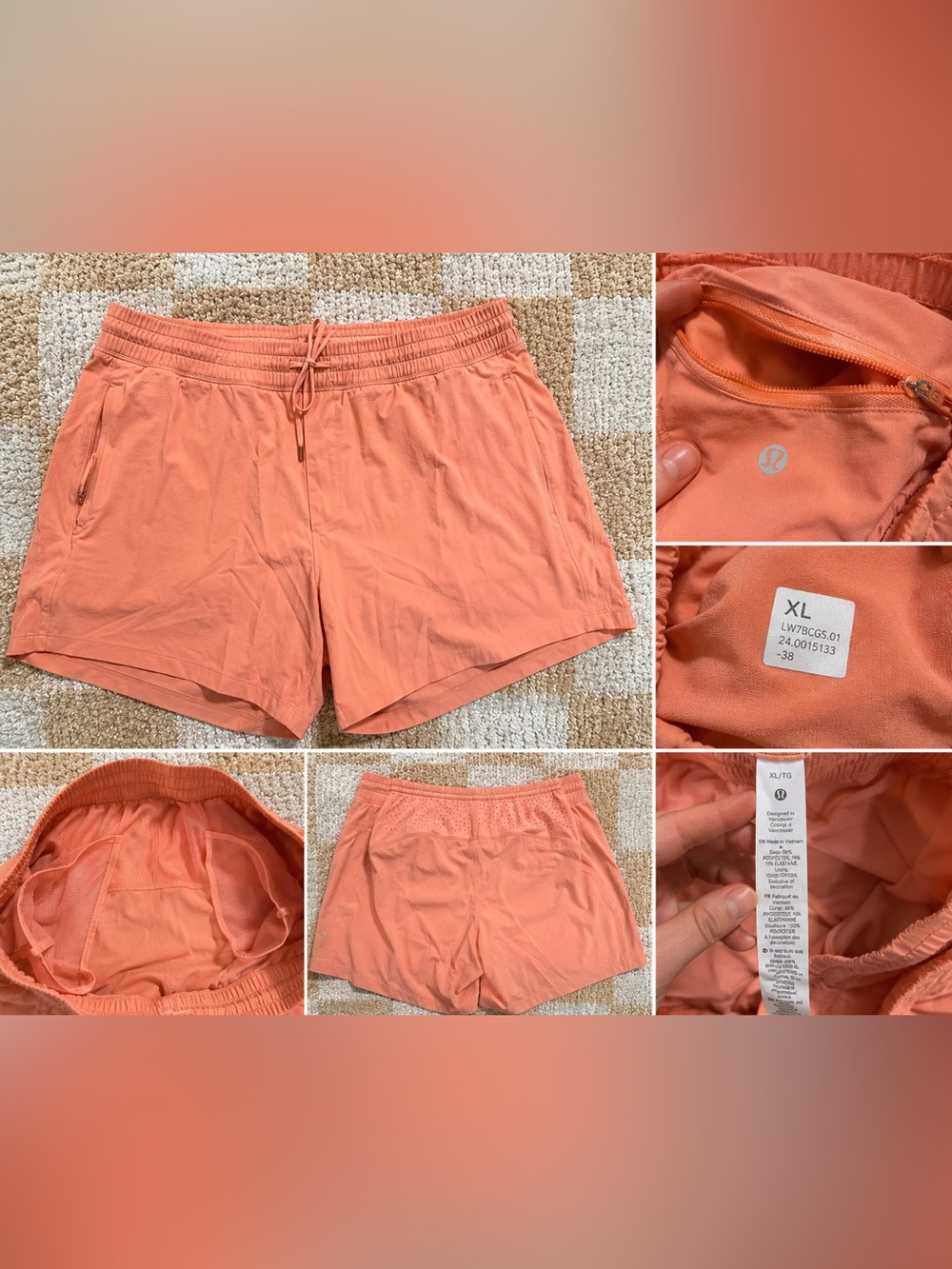 Lululemon Pace Breaker Shorts – Apricot Pink | XL | Lined | Zip Pocket